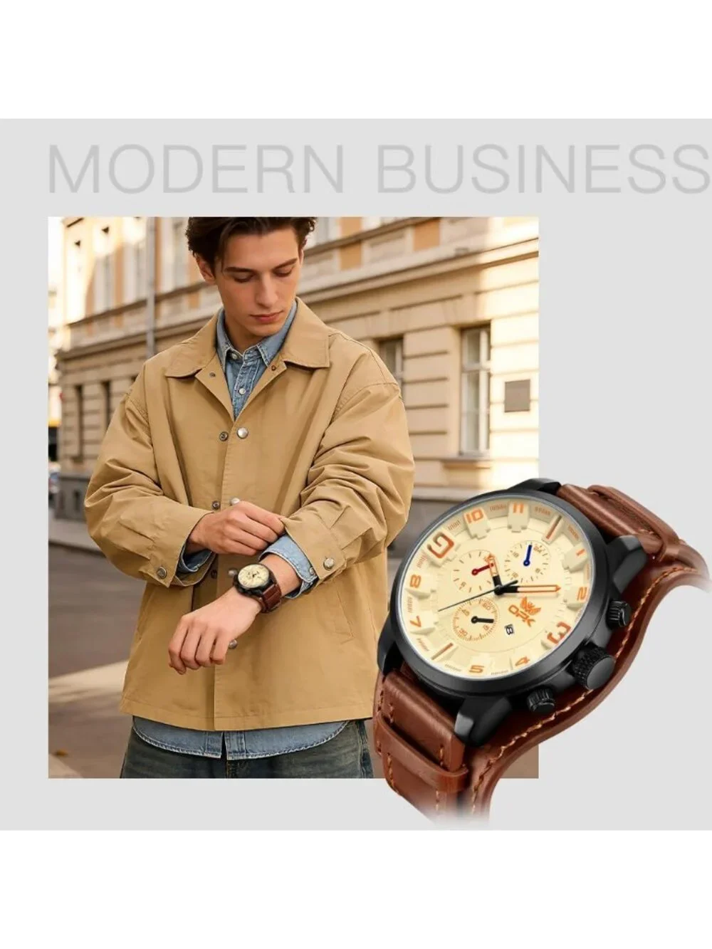 Men's Brown Casual Big Face Chronograph Waterproof Dress Multifunction Watches
